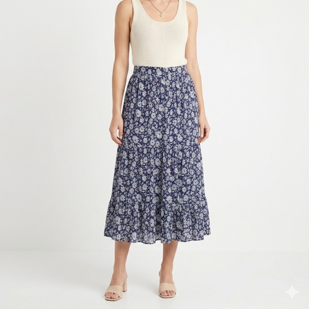 Vineyard Vines Womens Navy Blue White Floral Daisy Tiered Midi Skirt Small S